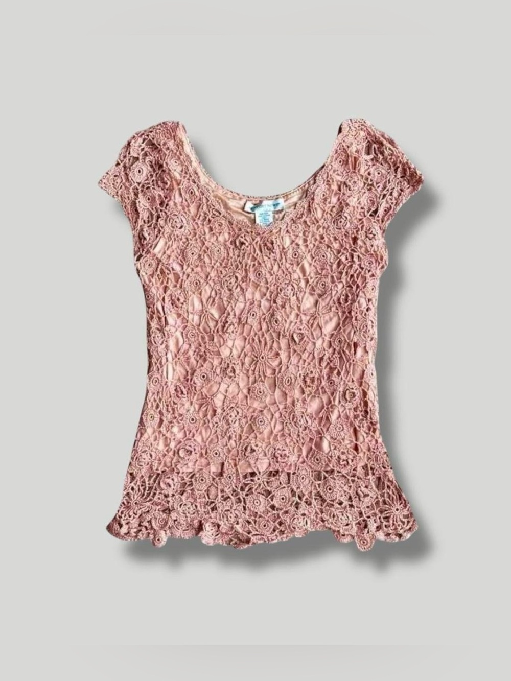 Newport News Pastel Pink Crochet Open Knit Lace 3D Floral Short Sleeve Top M